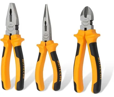 Obrázok produktu pre Sada nástrojov 3-dielna: kombinované kliešte 160 mm, bočné nožnice 180 mm, špičaté kliešte 160 mm, žltá/čierna farba, ergonomická rukoväť, oceľ 45#