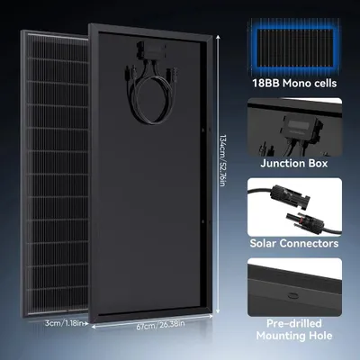 Obrázok produktu pre Solárny panel - 200 W - Monokryštalický panel - Účinnosť 25,5 % - 18,2 V - 140 × 73,5 × 6 cm - 1 kus