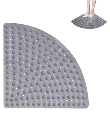 Image de Tapis de douche triangulaire gris, dimensions 70x70 cm, avec ventouses et orifices de drainage