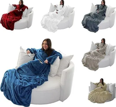 Produktbild von Unyqoos® TV-Kuscheldecke mit Ärmeln, Fußsack & 2 Taschen – Kaschmir‑Gefühl, 100% Polyester, ca. 150 x 180 cm, Blau (auch ca. 170 x 200 cm)