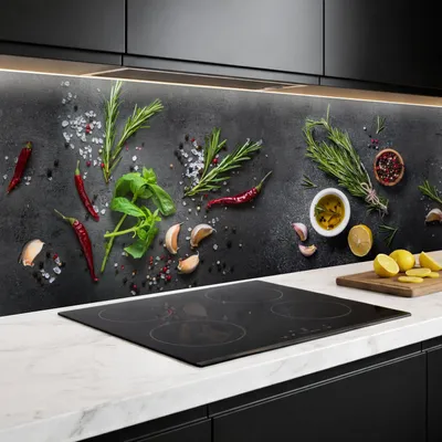 Produktbild von Küchenrückwand Spritzschutz Küche Gewürze 60 x 300 cm, robuste ABS-Kunststoff Platte Monolith mit Direktdruck, grau, schwarz