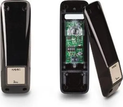Three views of a black electronic device, one with its cover open to reveal the internal circuit board.