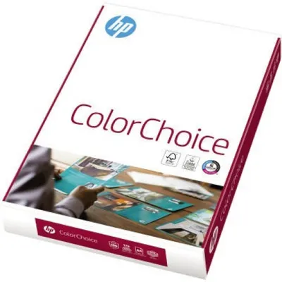 A package of HP ColorChoice paper is shown at an angle, with a person's hands visible in the foreground, interacting with printed sheets.