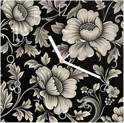 Produktbild von Wanduhr aus Glas mit Motiv Blumenmuster Schwarz- 30 x 30 cm - inkl. Aufhängesystem