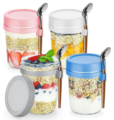 4er-Set Overnight-Oats-Gläser 350 ml mit Löffel, luftdicht