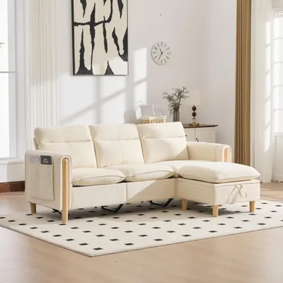 Produktbild von MODFU Dreisitzer Sofa mit Aufbewahrungshocker, U-förmig und Stoffbezug für Wohnzimmer, Ecksofa mit Seitentaschen, Relaxsofa modulbar, Chaiselongue aus Chenille, Beige