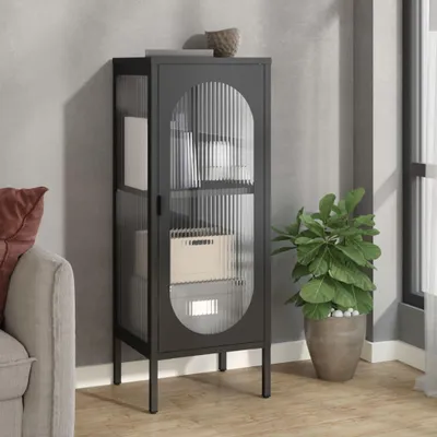 A modern cabinet with fluted glass doors is showcased in a living room setting.
