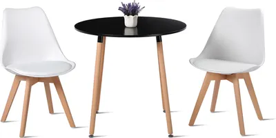 Image de HJ_WeDoo Table de salle à manger ronde noire avec 2 chaises de salle à manger blanches, Ensemble de salle à manger scandinave 80x80x70cm pour cuisine, bureau, salle de conférence