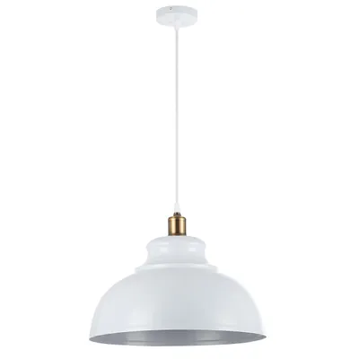 A white pendant light with a gold accent, suspended from a white cord against a white background.