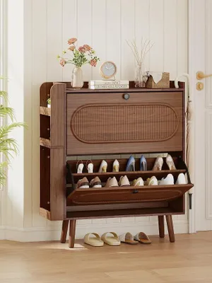 Imagen del producto de Armario para zapatos estrecho con 2 puertas, de madera de nogal