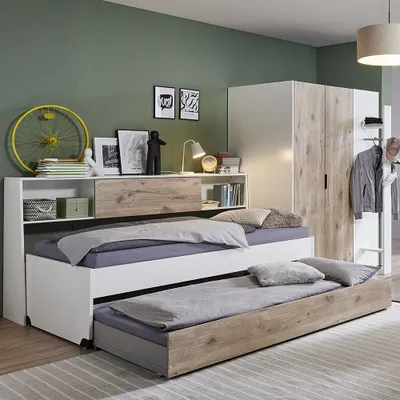 Produktbild von Jugendzimmer-Set 3-teilig in weiß mit Eiche, mit Funktionsbett 90x200 cm, Eckkleiderschrank begehbar NOLI-43