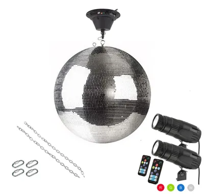 Spiegelkugel Komplettset - Discokugel, Motor, Pinspot, Montagematerial für Diskokugel - Mirrorball Set - Partyset