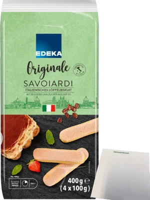 A package of Edeka Originale Savoiardi Italian Löffelbiskuit (ladyfingers) with a depiction of Tiramisu and ingredients.