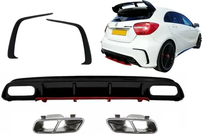 Produktbild von Diffusor Rot für Mercedes A W176 Facelift 15-18 A45 Look Endrohre Splitter Fins