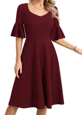 Image de Robe cocktail à lacets, avec volants, manches courtes, couleur vin