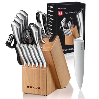 Immagine prodotto di Set di coltelli con ceppo - 18 pezzi - Acciaio inossidabile - Coltelli da bistecca e da cucina - Con ceppo in legno e affilatore