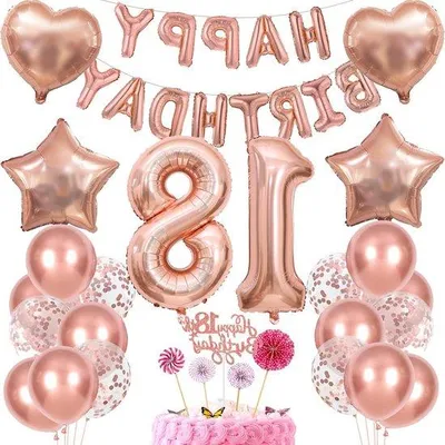 Image de Kit d'anniversaire pour fille avec décorations rose et or, décoration de gâteau et ballons