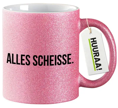 Produktbild von Huuraa Glitzertasse Alles Scheisse Schriftzug 330ml Pink Keramik Kaffeebecher Geschenkidee