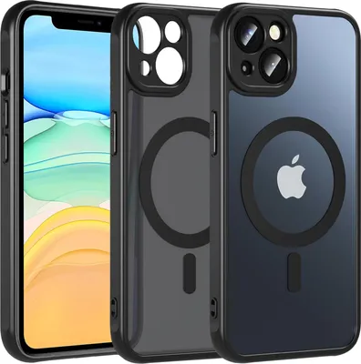 Three iPhone cases are displayed side-by-side, with the front of one case showing a phone screen.