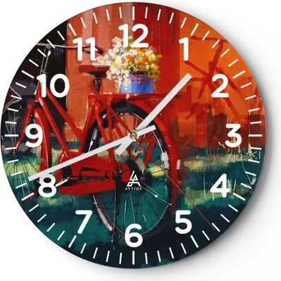Produktbild von Wanduhr - Rund - Glasuhr - Fahrrad Blumen - 40x40cm - Schleichendes Uhrwerk - Lautlos - zum Aufhängen bereit - Dekoration Modern - Wanddekoration aus Glas - C4AR40x40-3712