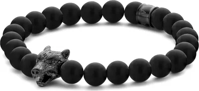 Produktbild von Frank 1967 Armband – 7FB-0595 - 8mm Mat Zwarte Agaat – Wolfskop – Zwart Staal