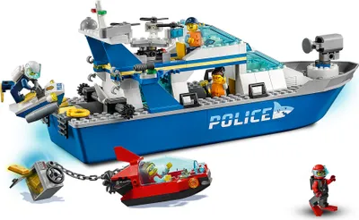 Produktbild von LEGO 60277 City Polizeiboot Spielzeug mit Drohne, Wasserscooter und Mini-U-Boot, Polizei-Verfolgungsfahrzeuge
