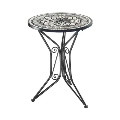 Produktbild von Kobolo Gartentisch mit Platte in Mosaikoptik - Höhe 68 cm 55 cm Durchmesser - Mediterran grau rund Metall Balkonmöbel Terrassenmöbel Gartenmöbel Deko