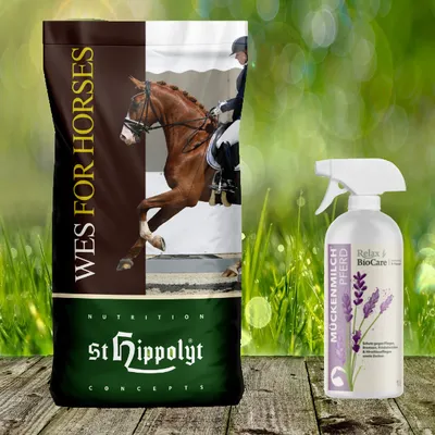 Produktbild von St. Hippolyt WES for Horses - Sensitive Crunch 25 kg + Relax Biocare Mückenmilch 500 ml