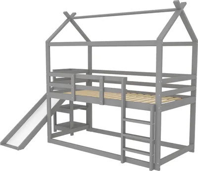 Produktbild von Kinderbett(Grau)90*200 cm, niedriges Etagenbett, Hochbett mit Rutsche und Ablagefläche, Massivholz-Etagenbett mit Lattenrost