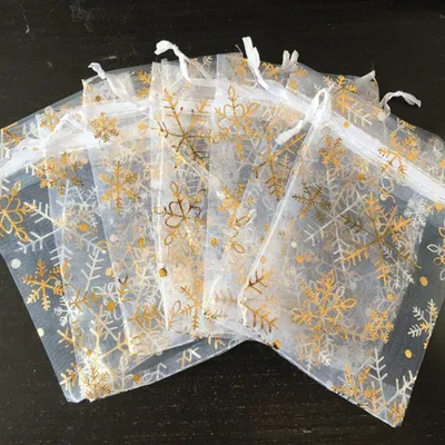 Obrázek produktu pro Organza sáčky 10 x 15 cm - Sněhové vločky - Dárky - Svatební - Babyshower - 50 kusů - Dárkové sáčky