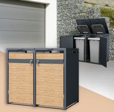 Produktbild von ML-Design Mülltonnenbox 2er für 2 Tonnen 240L 132x80x116,3 cm Anthrazit-Lärchenoptik, Stahl, wetterfest/abschließbar