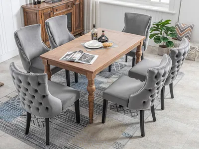 Image de Fortuna Lai Chaise à 4 pieds, chaise de salle à manger en velours gris, avec capitonnage boutonné, structure en bois massif, gris (lot de 6)