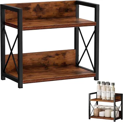 Produktbild von PolkaHome® Küchenregal 2-stöckig, Gewürzregal für Arbeitsplatte, Holz-Küchenorganizer mit Metallrahmen, Aufbewahrungsregal für