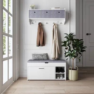 Produktbild von Mondeer Garderobenset, 2-teilig, mit Schuhbank und Wandgarderobe, Stoff, Weiß, 5 Haken, Schublade, Maße: Schuhbank 100x52x30 cm (BxHxT), Wandgarderobe 97,8x22x40,2 cm (BxTxH), Schuhbank belastbar bis 110 kg