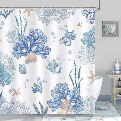 Productafbeelding van Unyqoos® douchegordijn, 180 x 180 cm – Blauw met koraal- en strandmotief, 100% polyester, waterafstotend, schimmelwerend, inclusief 12 plastic haken en verstevigde metalen oogjes