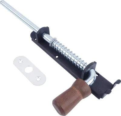 A product shot of a gate latch with a wooden handle and a metal strike plate.
