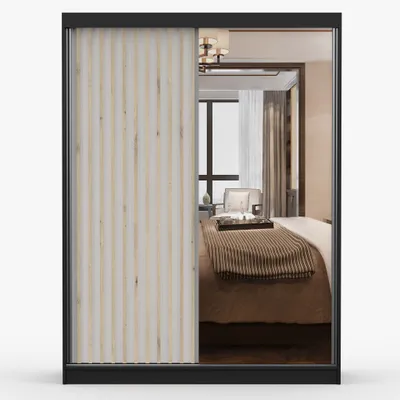 Produktbild von Schwebetürenschrank Kleiderschrank Schrank 150 cm Schwarz/Weiß mit Spiegel und Lamellen LAMI B