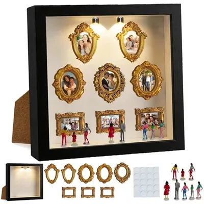 Produktbild von DIY Mini Museum Silhouette Box - 3D Bilderrahmen - Holz 25x25 cm - 2 LED Lichter - 8 goldene Mini Bilderrahmen mit Figuren - Vintage Wanddeko - Schwarz