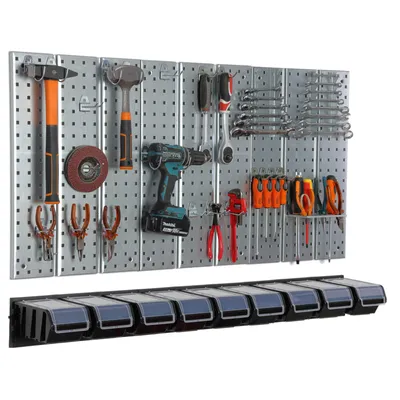 Productafbeelding van Gereedschapswand 117x72 cm, metalen opslagsysteem met gereedschapshouders, gereedschapshaken, 9 stapelboxen, zwart, prikbord, werkplaats, garage, stekkerbord, elektrische gereedschappen, gatenbord