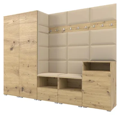 Produktbild von Garderobe NELA VIII 250 cm Modulare Flurmöbel Artisan Eiche mit Sitzpolster Beige 04 (2 Schränke + Sideboard)