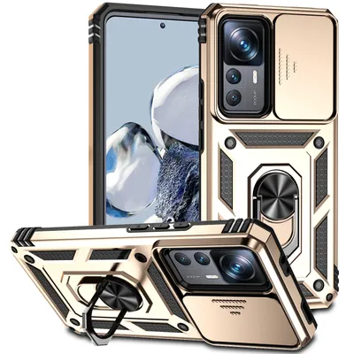 Immagine prodotto di Custodia per Xiaomi 12T / 12T Pro / Redmi K50 Ultra a doppio strato con copertura scorrevole della fotocamera e supporto ad anello Oro