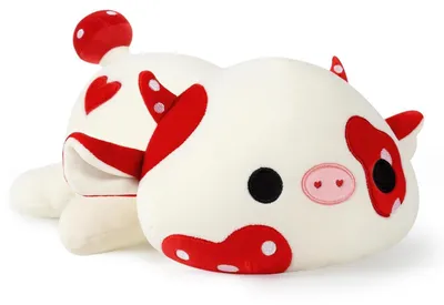 Productafbeelding van Pluche koe met paddenstoelmotief, knuffel, zacht speelgoed, kawaii, melkkoe, kussen, rood, 30 cm