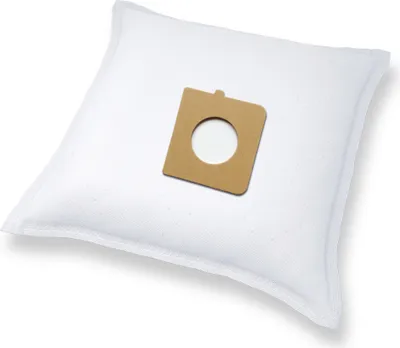 A white vacuum cleaner bag with a brown cardboard connector.