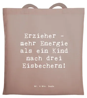 Produktbild von Mr. & Mrs. Panda Jutebeutel Spruch Erzieher Energie - Braun Pastell - Geschenk, Hingabe, kreative Geschenke, Betreuung, für Berufstätige, Tasche, Schultasche, Beruf