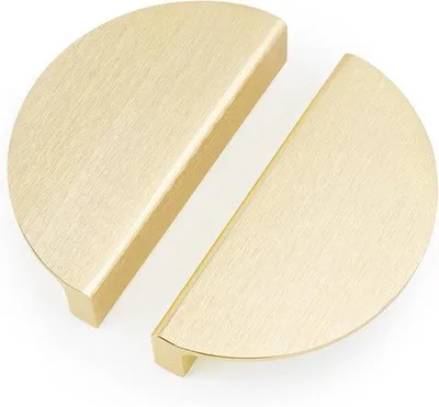 Immagine prodotto di Set di quattro maniglie semicircolari, adatte per cassetti, librerie e cucine; diametro 64 mm, finitura dorata spazzolata.