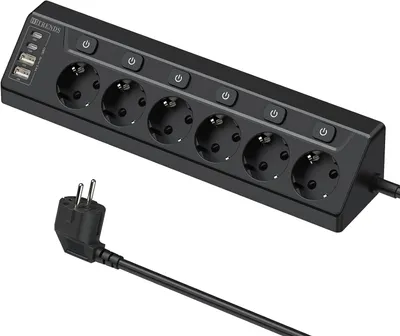 Produktbild von Mehrfachsteckdose in Eckform mit 6 Steckdosen – Einzeln schaltbar, mit USB-Anschlüssen