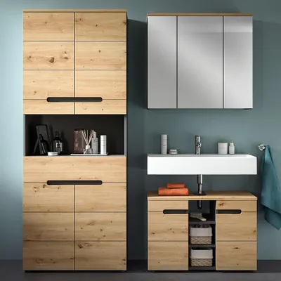 Produktbild von Badmöbel-Set 3-teilig mit 80 cm Waschbeckenunterschrank, Hochschrank & Spiegelschrank in Eiche mit grau CORTANA-158