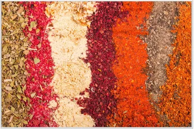Produktbild von Wallario Wandbild Bunte Gewürze in Streifen - Chili, Curry usw, Größe: 61 x 91,50 cm, Poster mit weißem Aluminiumrahmen