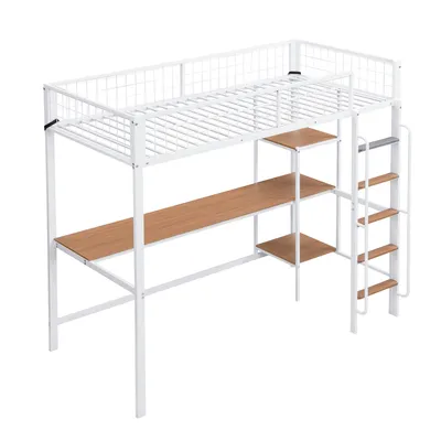 Produktbild von Hochbett mit Lattenrost, Schreibtisch und Regal, 90x200 cm, Metallbett mit Rausfallschutz, Jugendbett