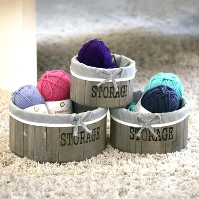 Produktbild von DECCARO Aufbewahrungskorb rund mit Stoffeinlage, braun/grau 3er Set